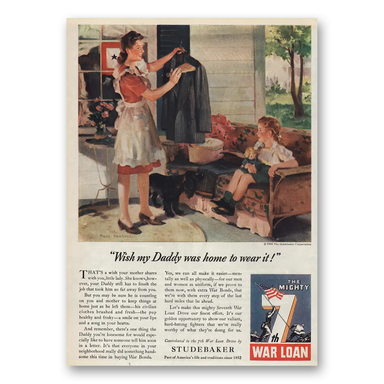 1945 Studebaker War Loan Wish Daddy Home From War Vintage Magazine Print Ad