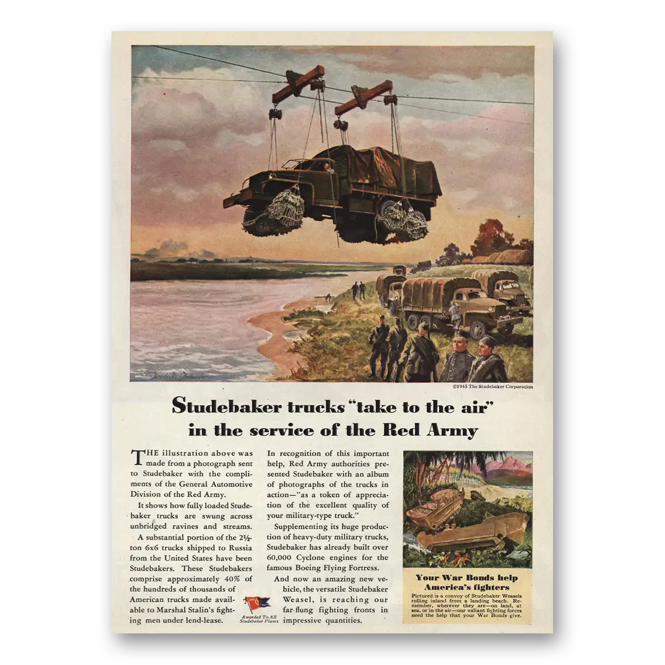 1945 Studebaker Trucks Take to the Air Service of Red Army Vintage Magazine Print Ad