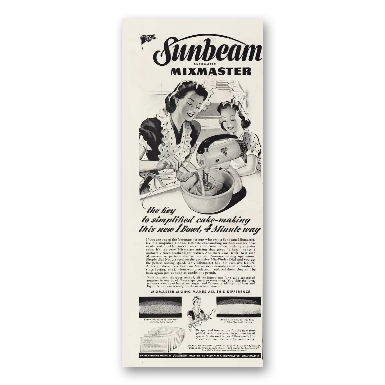 1945 Sunbeam Mixmaster Simplified Cake Making Vintage Magazine Print Ad