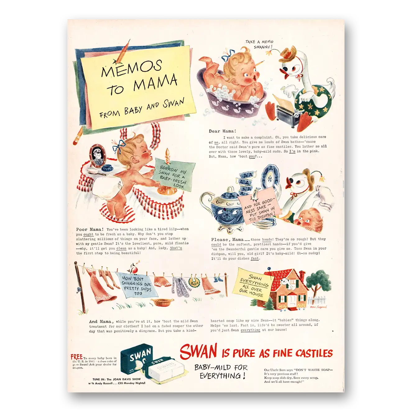 1945 Swan Soap Memos to Mama Vintage Magazine Print Ad