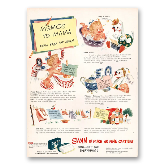 1945 Swan Soap Memos to Mama Vintage Magazine Print Ad