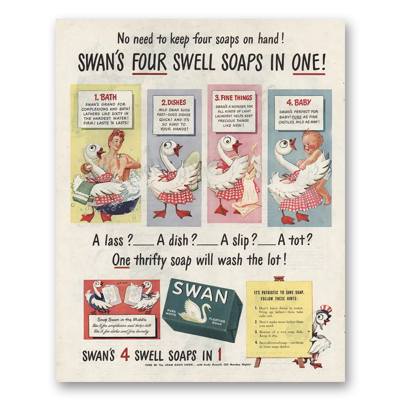 1945 Swan Soap Lass Dish Slip Tot Vintage Magazine Print Ad