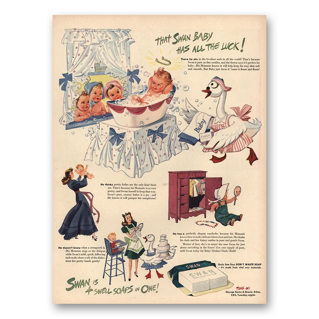 1945 Swan Soap Swan Baby Has All the Luck Vintage Magazine Print Ad