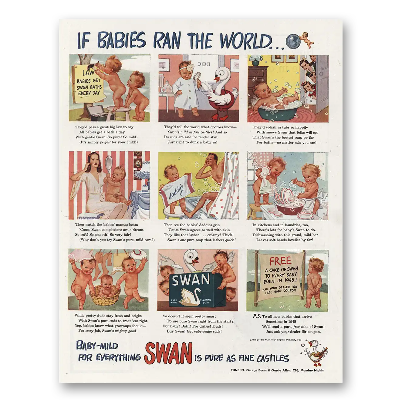 1945 Swan Soap If Babies Ran World Vintage Magazine Print Ad