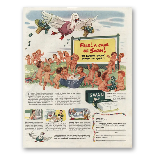 1945 Swan Soap Free Cake of Swan Vintage Magazine Print Ad