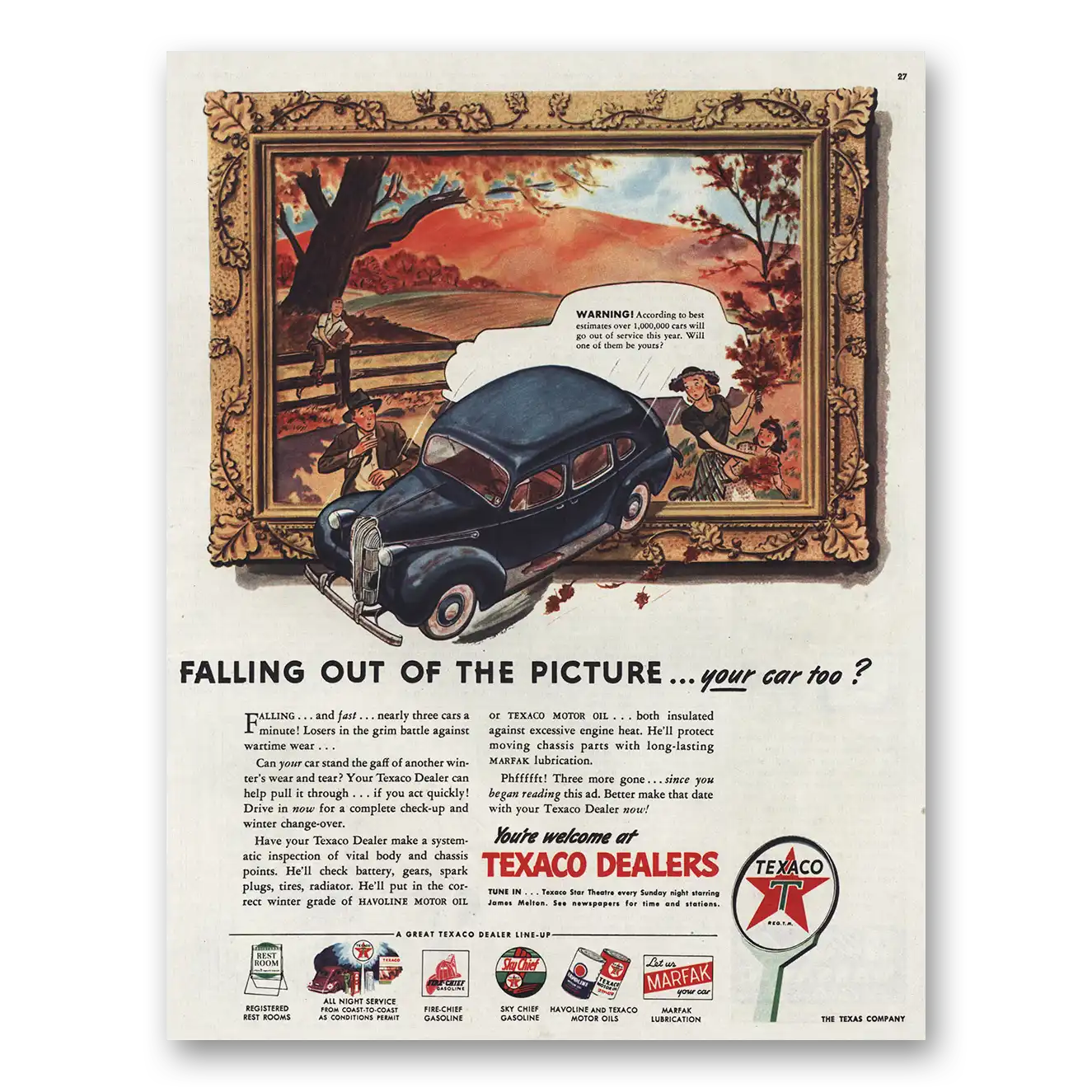 1945 Texaco Falling Out of the Picture Vintage Magazine Print Ad