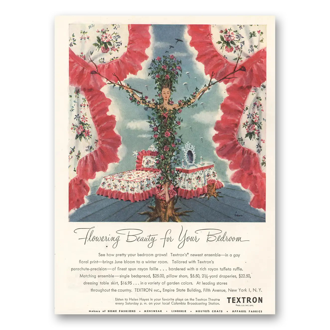 1945 Textron Linens Flowering Beauty Bedroom Vintage Magazine Print Ad