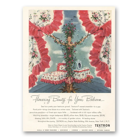 1945 Textron Linens Flowering Beauty Bedroom Vintage Magazine Print Ad