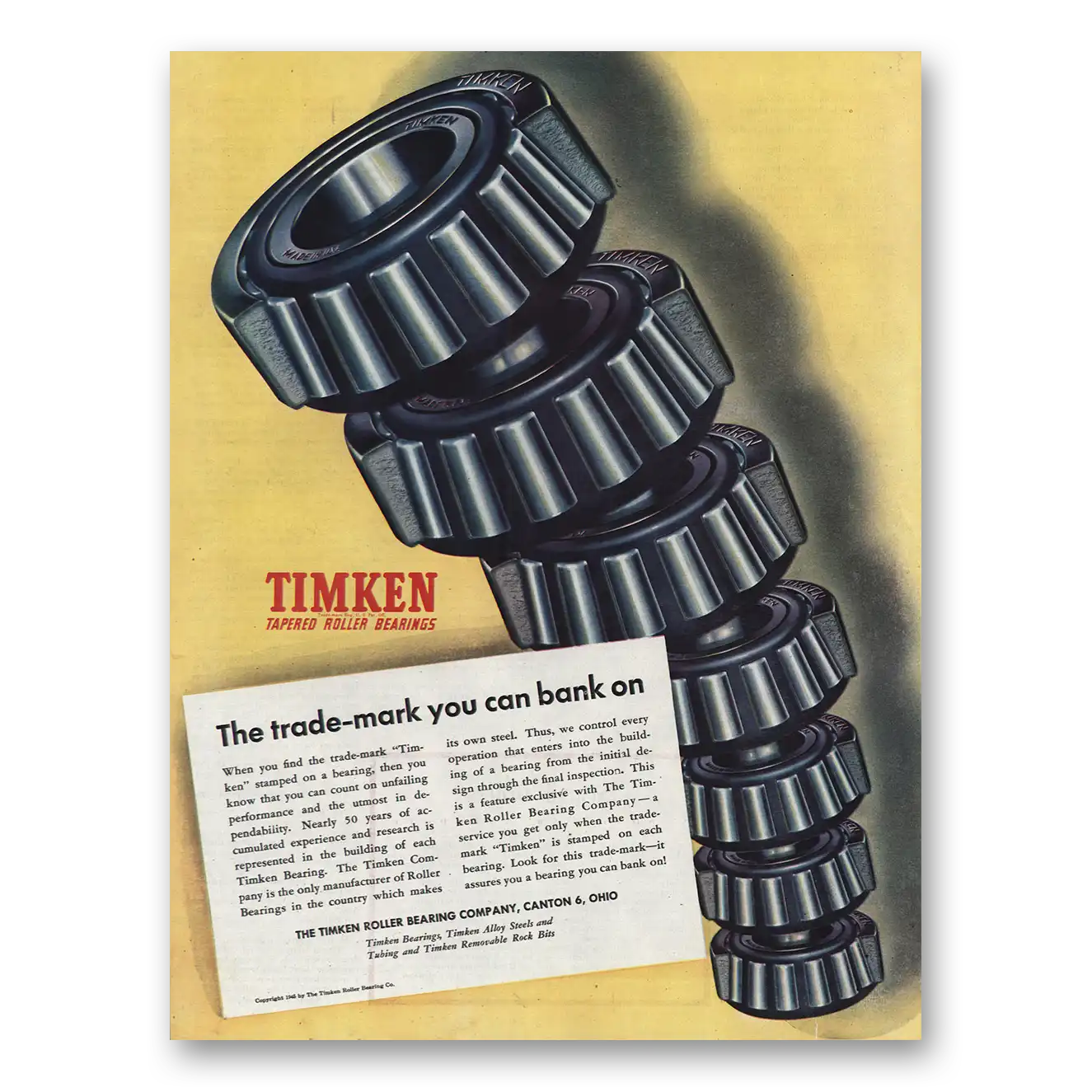 1945 Timken Trade Mark You Can Bank On Vintage Magazine Print Ad