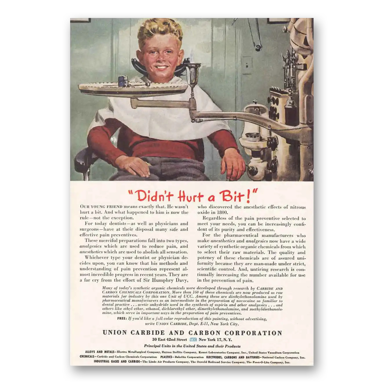 1945 Union Carbide Didn't Hurt a Bit Dentist Vintage Magazine Print Ad