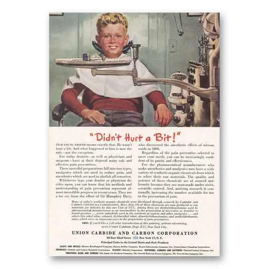 1945 Union Carbide Didn't Hurt a Bit Dentist Vintage Magazine Print Ad