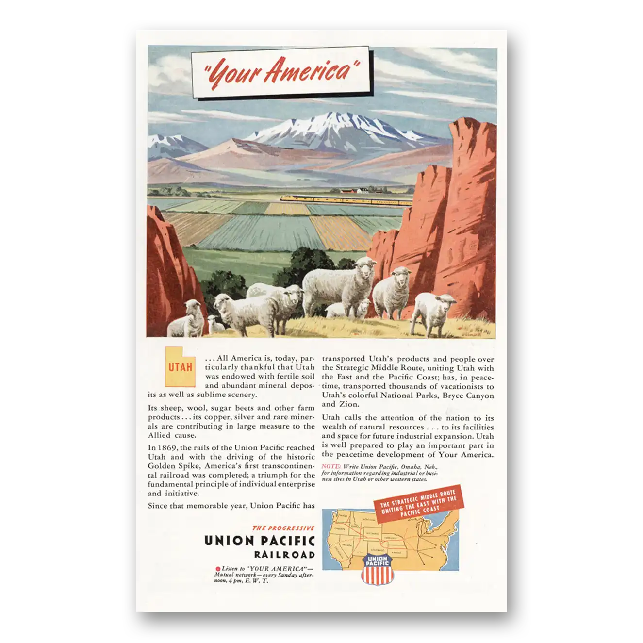 1945 Union Pacific Railroad Your America Utah Vintage Magazine Print Ad