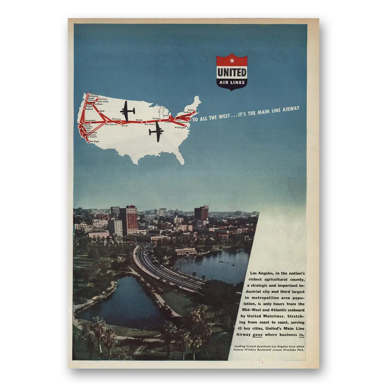 1945 United Airlines Los Angeles To All the West Vintage Magazine Print Ad