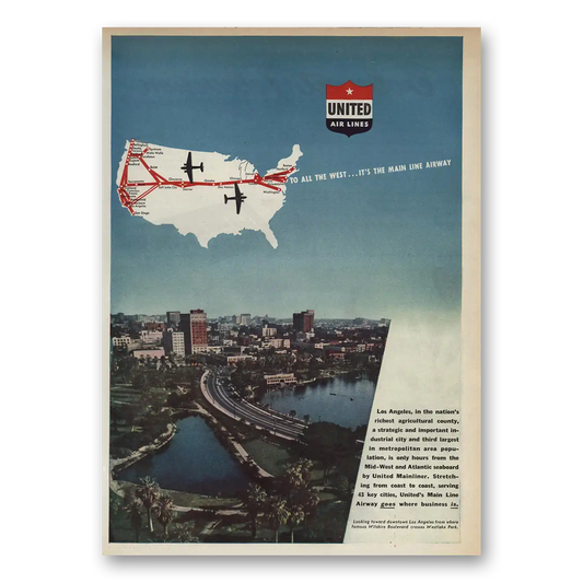 1945 United Airlines Los Angeles To All the West Vintage Magazine Print Ad