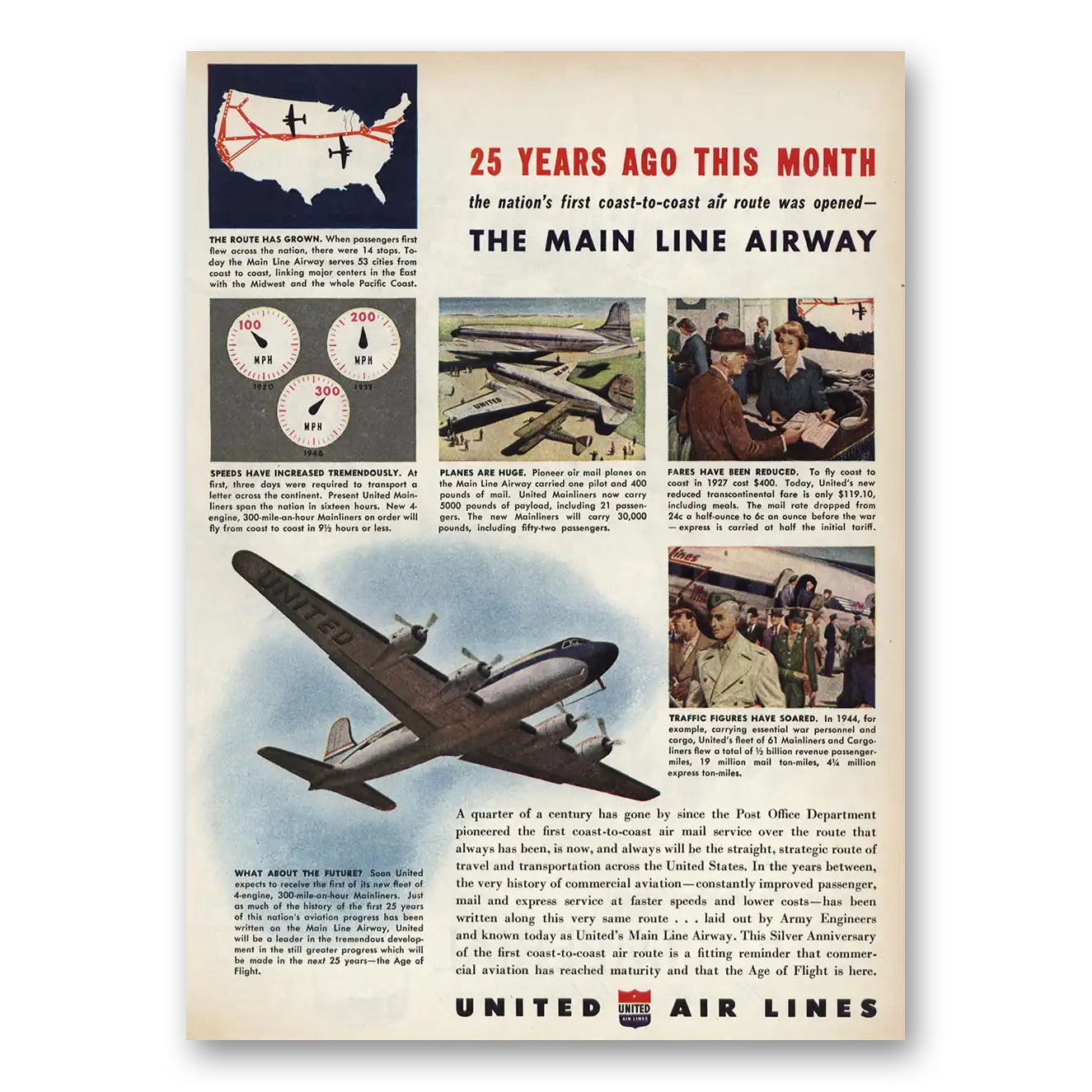 1945 United Airlines 25 Years Ago Main Line Airway Vintage Magazine Print Ad