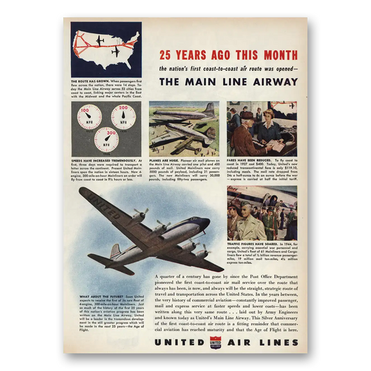 1945 United Airlines 25 Years Ago Main Line Airway Vintage Magazine Print Ad