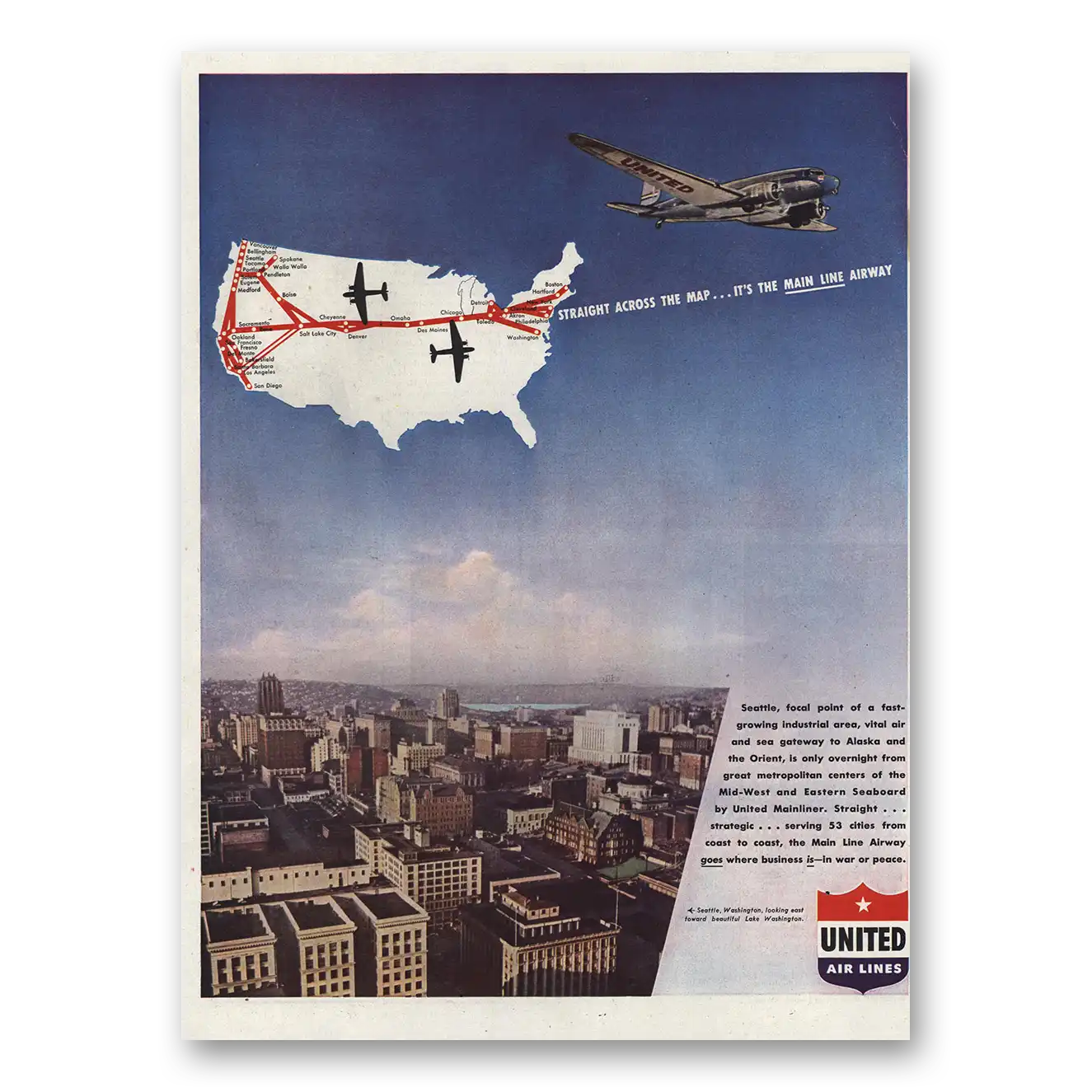 1945 United Airlines Straight Across the Map Seattle Vintage Magazine Print Ad