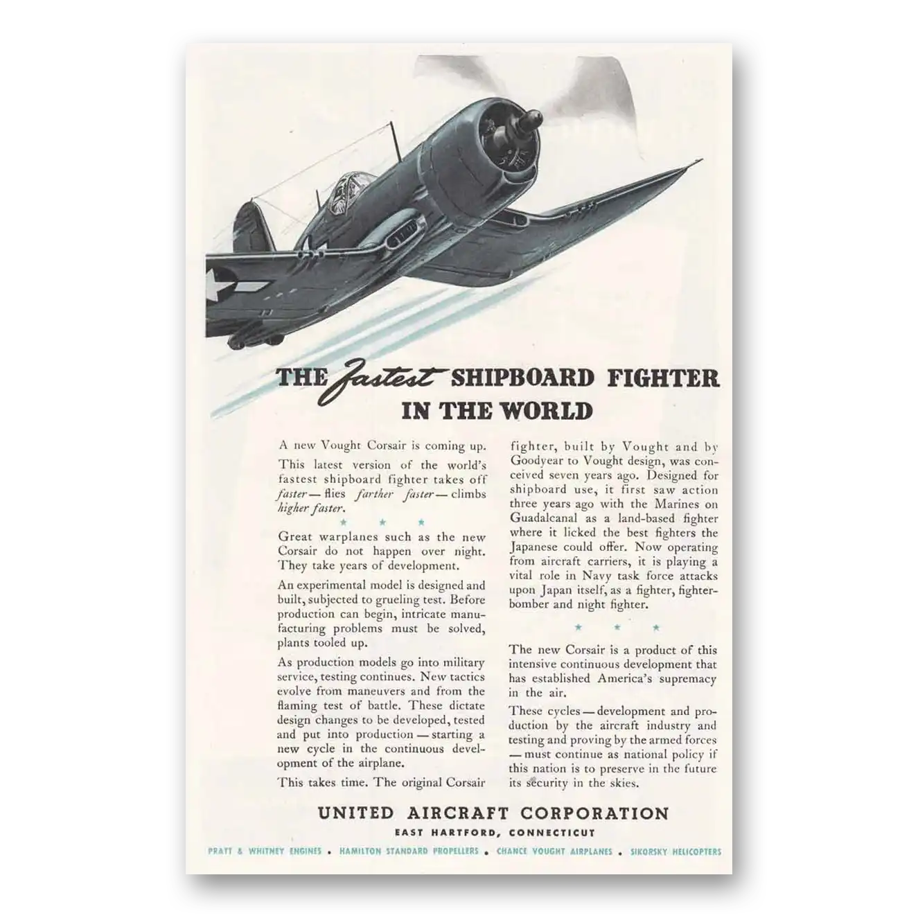 1945 United Airlines Fastest Shipboard Fighter Vintage Magazine Print Ad