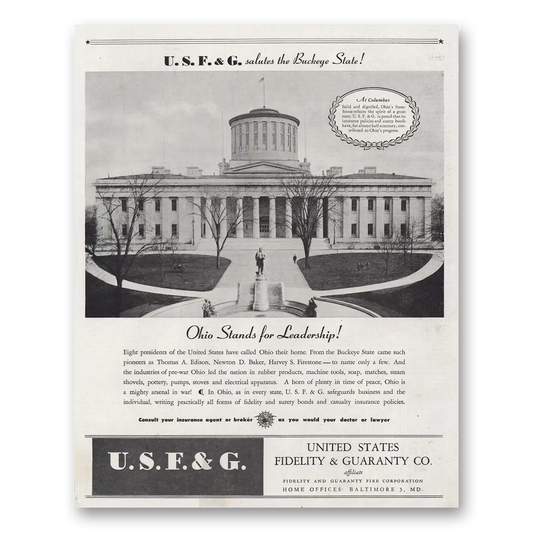 1945 USF&G Columbus Ohio Statehouse Vintage Magazine Print Ad