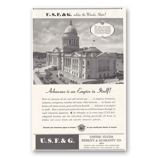 1945 USF&G Salutes the Wonder State Arkansas Vintage Magazine Print Ad