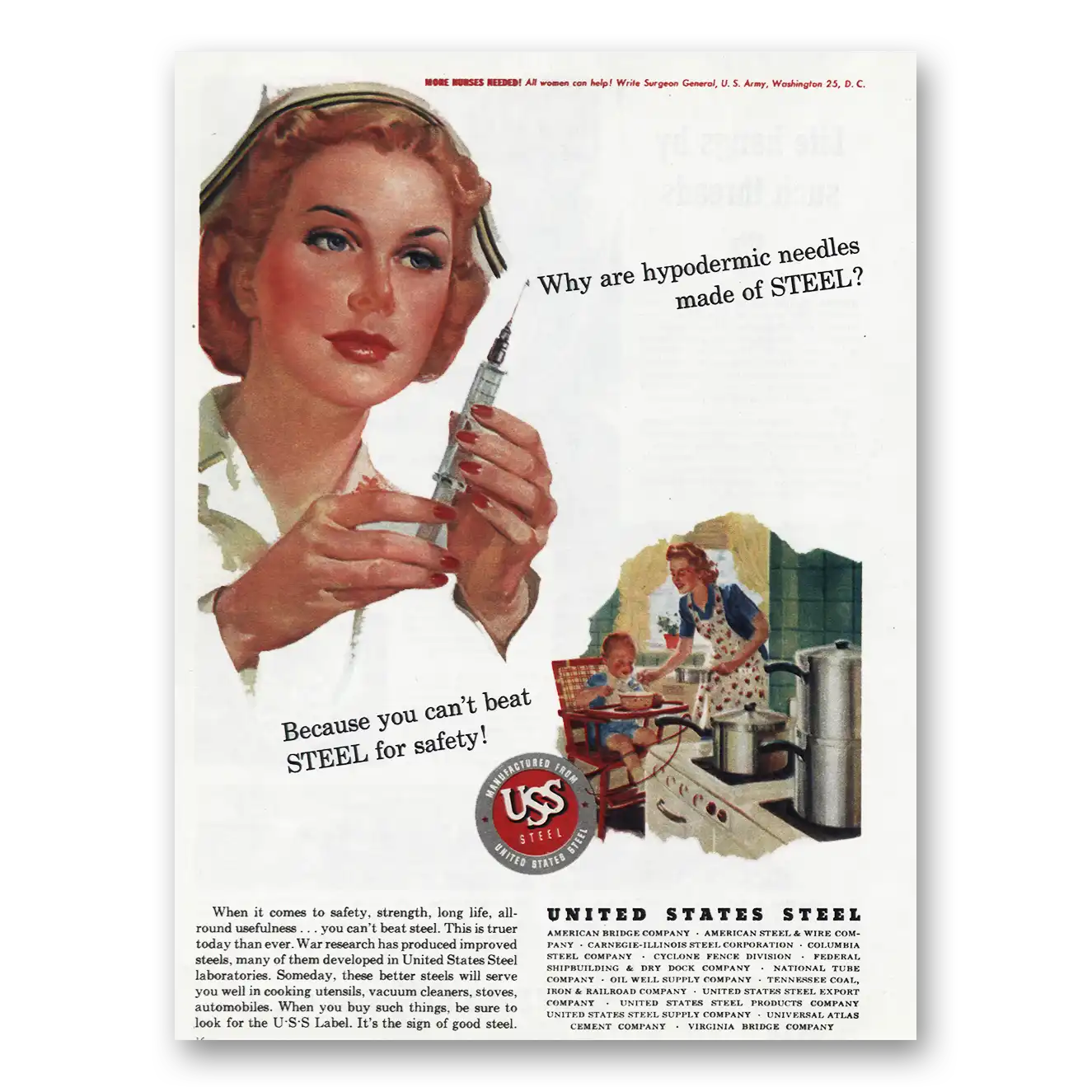 1945 United States Steel Hypodermic Needles Vintage Magazine Print Ad