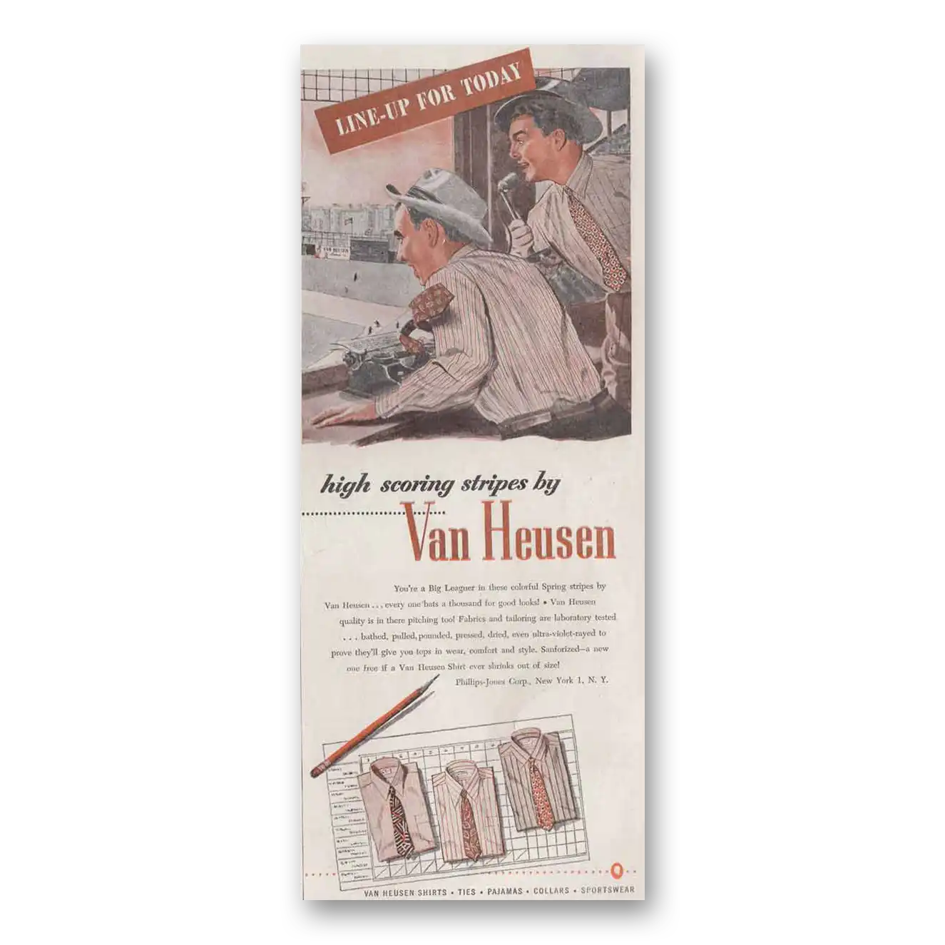 1946 Van Heusen Shirts Line Up for Today Baseball Vintage Magazine Print Ad