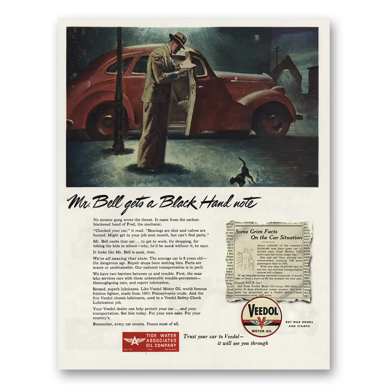 1945 Veedol Motor Oil Mr Bell Gets Black Hand Note Vintage Magazine Print Ad