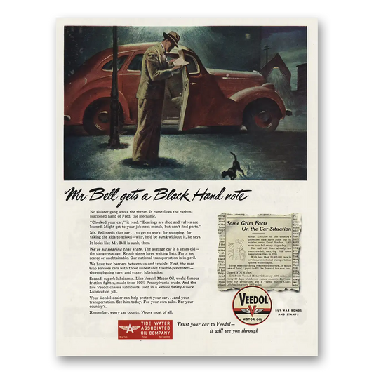 1945 Veedol Motor Oil Mr Bell Gets Black Hand Note Vintage Magazine Print Ad