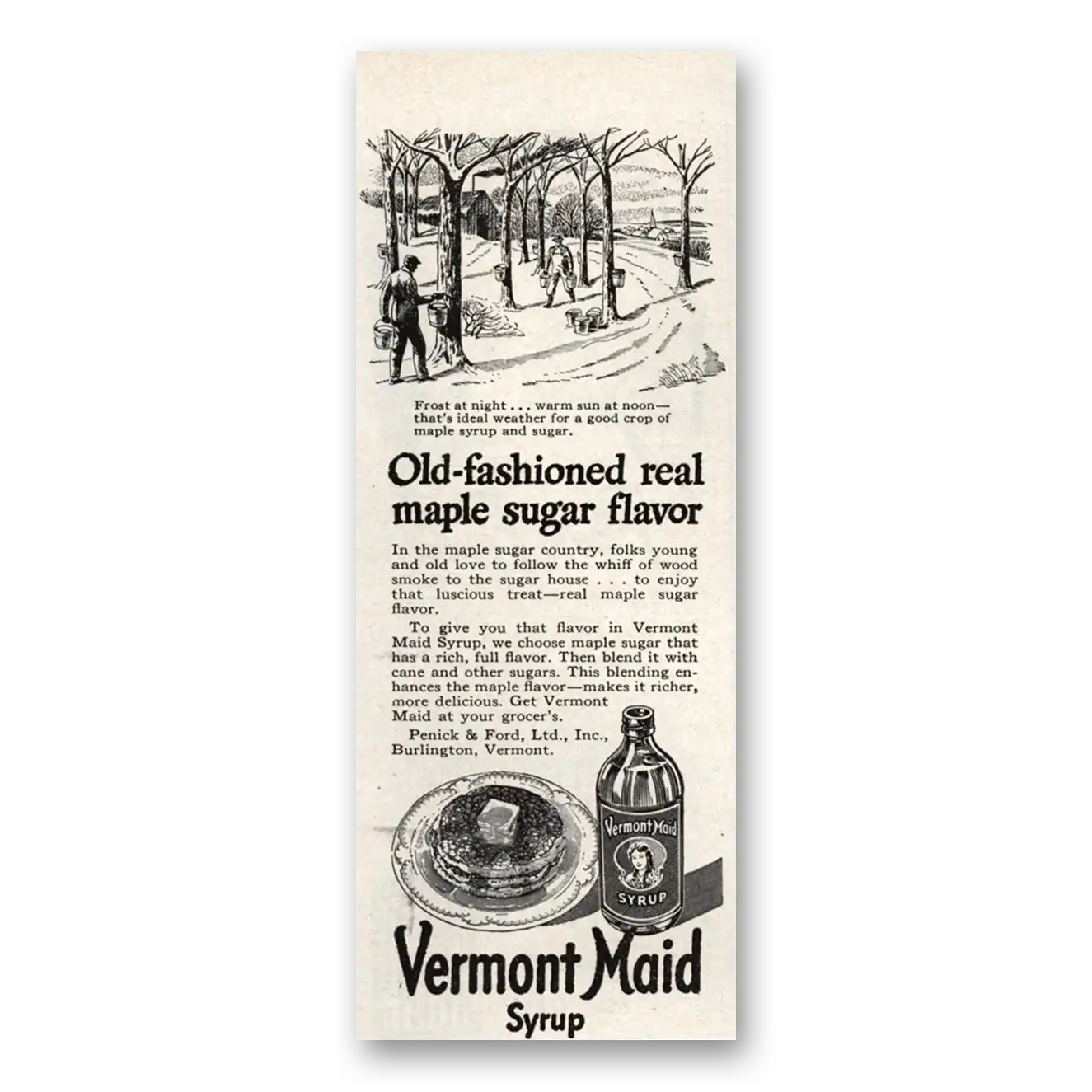 1945 Vermont Maid Syrup Real Maple Sugar Flavor Vintage Magazine Print Ad