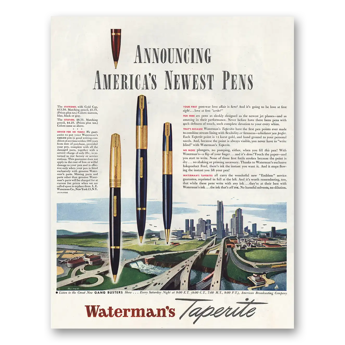 1945 Watermans Pen Taperite Newest Pens Vintage Magazine Print Ad