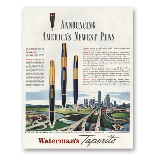 1945 Watermans Pen Taperite Newest Pens Vintage Magazine Print Ad