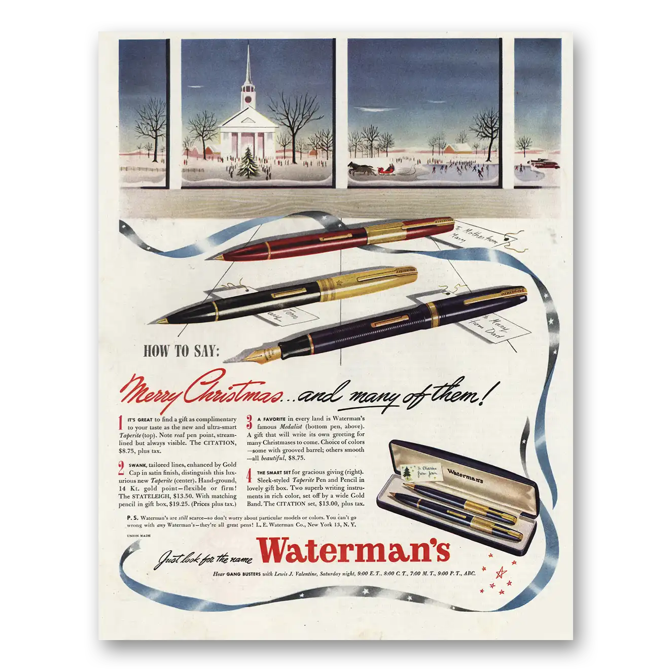 1945 Watermans Pen Merry Christmas Vintage Magazine Print Ad