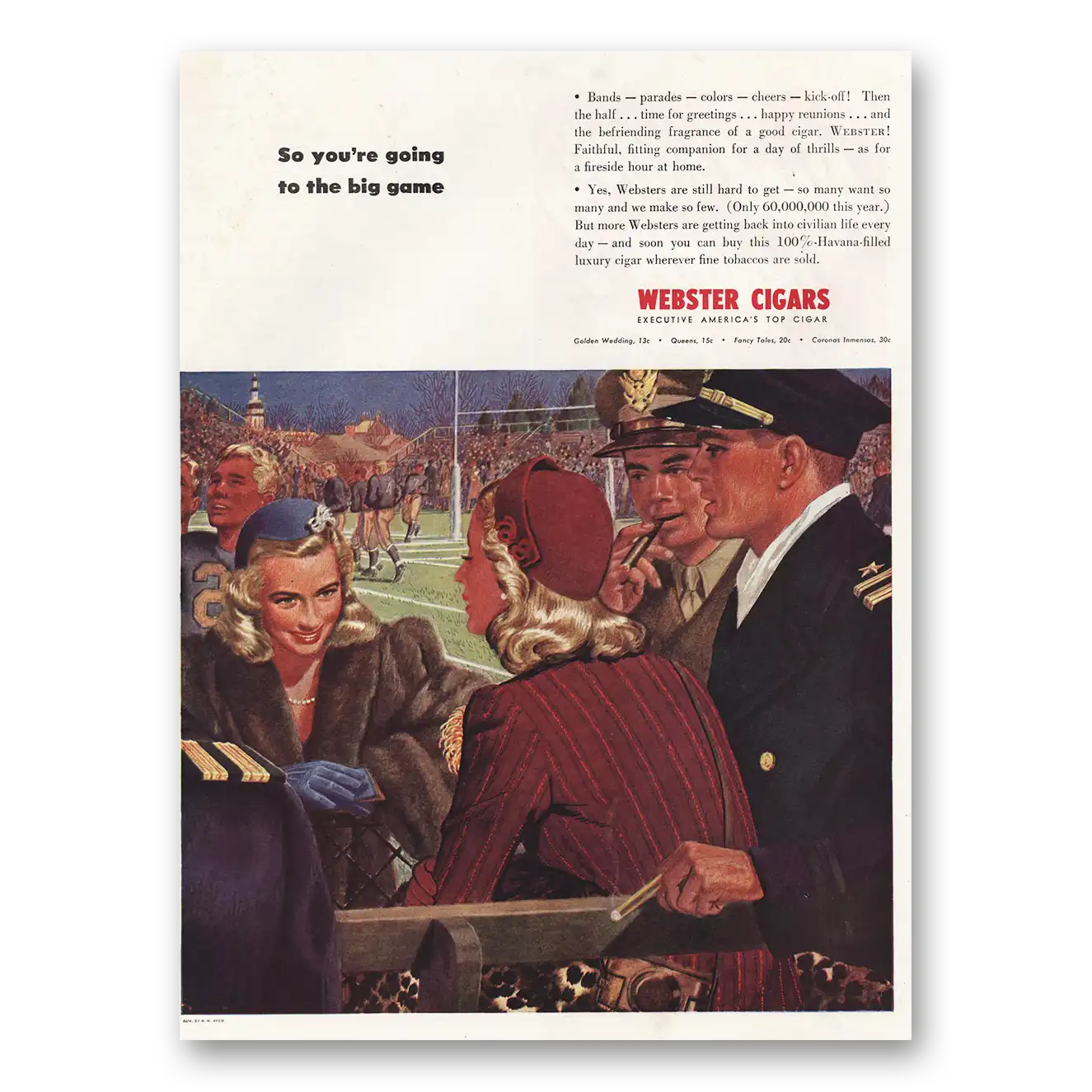 1945 Webster Cigars Going to the Big Game Vintage Magazine Print Ad