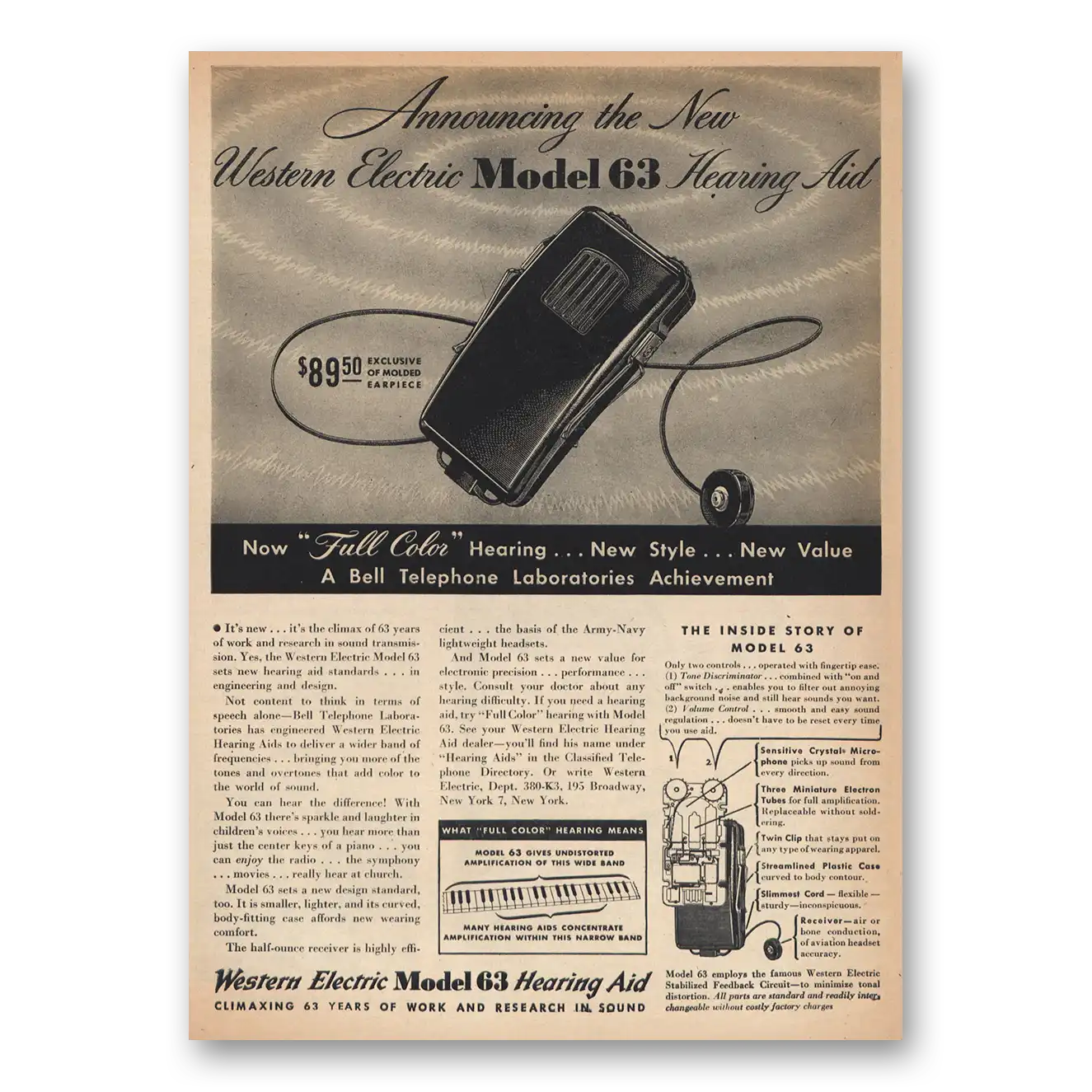 1945 Western Electric Hearing Aid Model 63 Vintage Magazine Print Ad