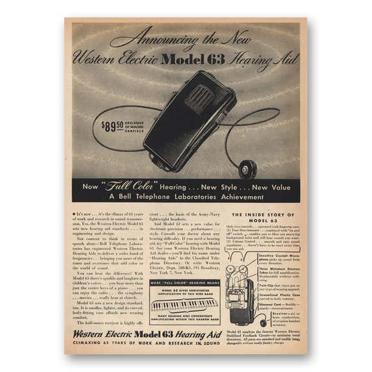 1945 Western Electric Hearing Aid Model 63 Vintage Magazine Print Ad