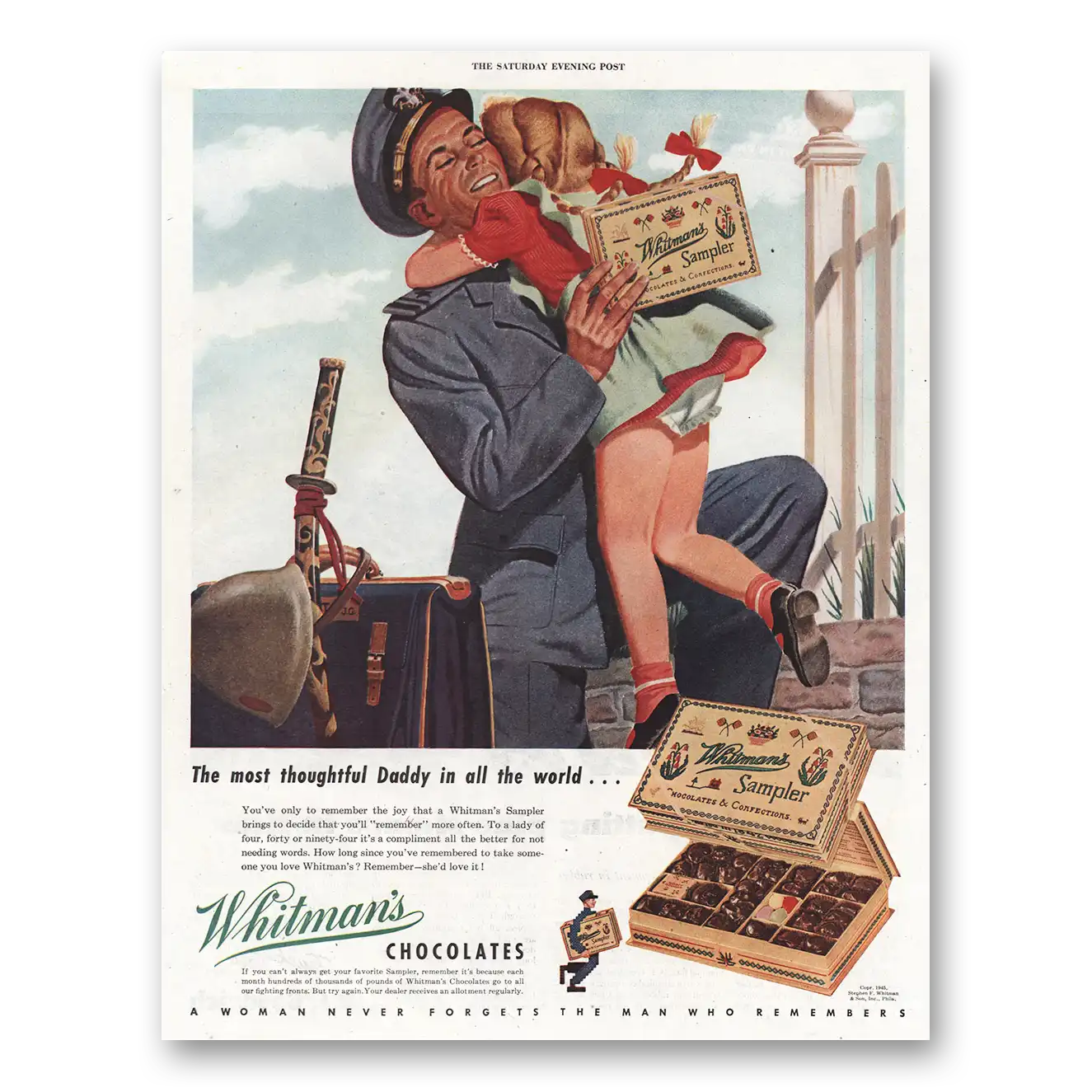 1945 Whitmans Chocolates Most Thoughtful Daddy Vintage Magazine Print Ad