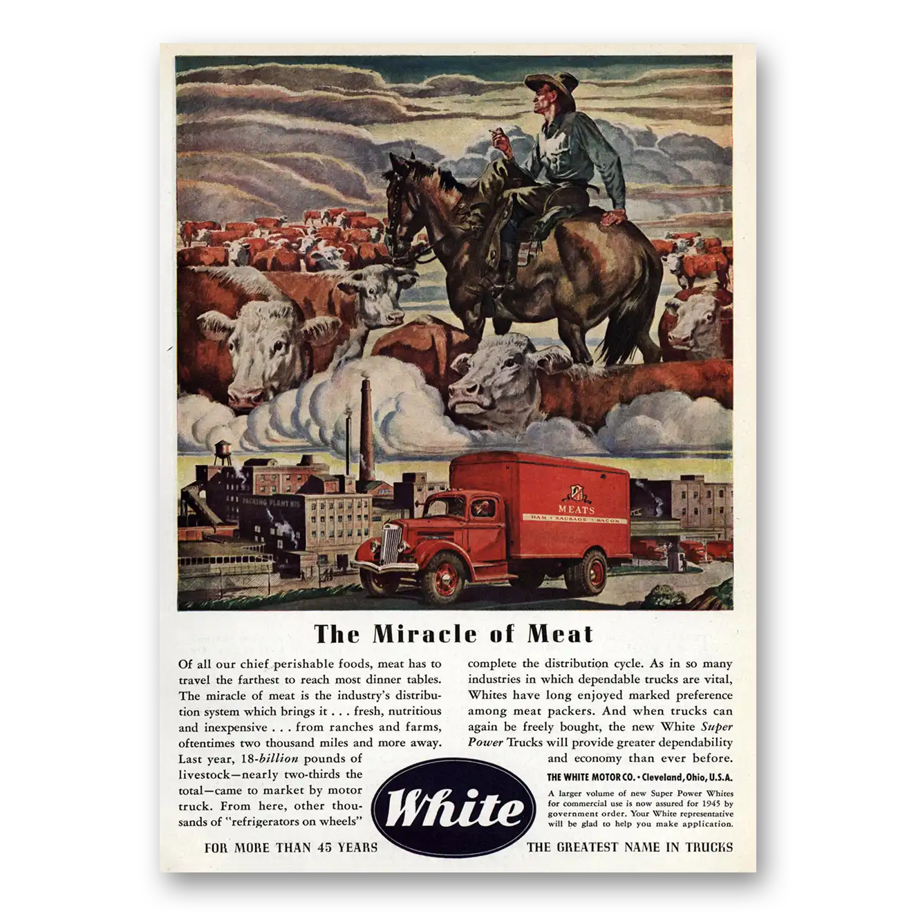 1945 White Trucks Miracle of Meat Vintage Magazine Print Ad