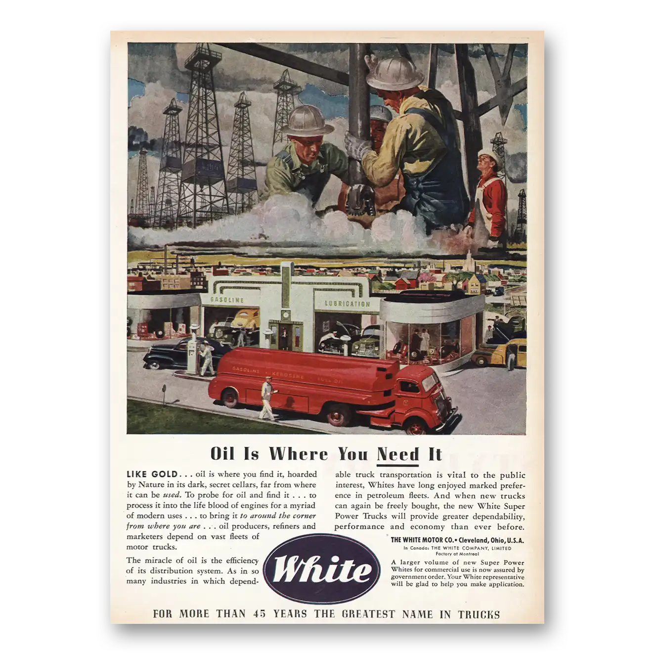 1945 White Trucks Oil Is Where You Need It Vintage Magazine Print Ad