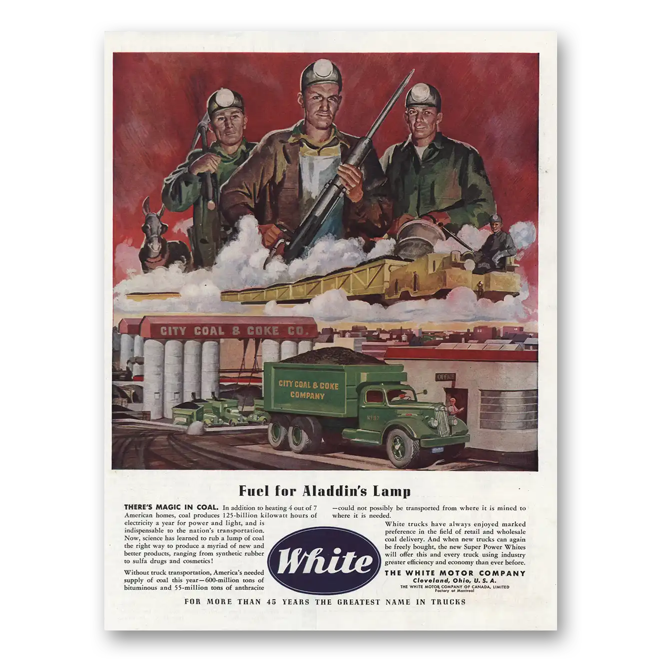 1945 White Trucks Fuel for Aladdins Lamp Vintage Magazine Print Ad