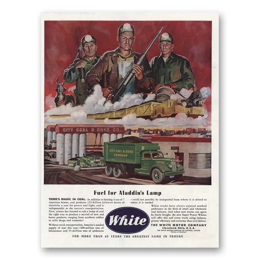 1945 White Trucks Fuel for Aladdins Lamp Vintage Magazine Print Ad