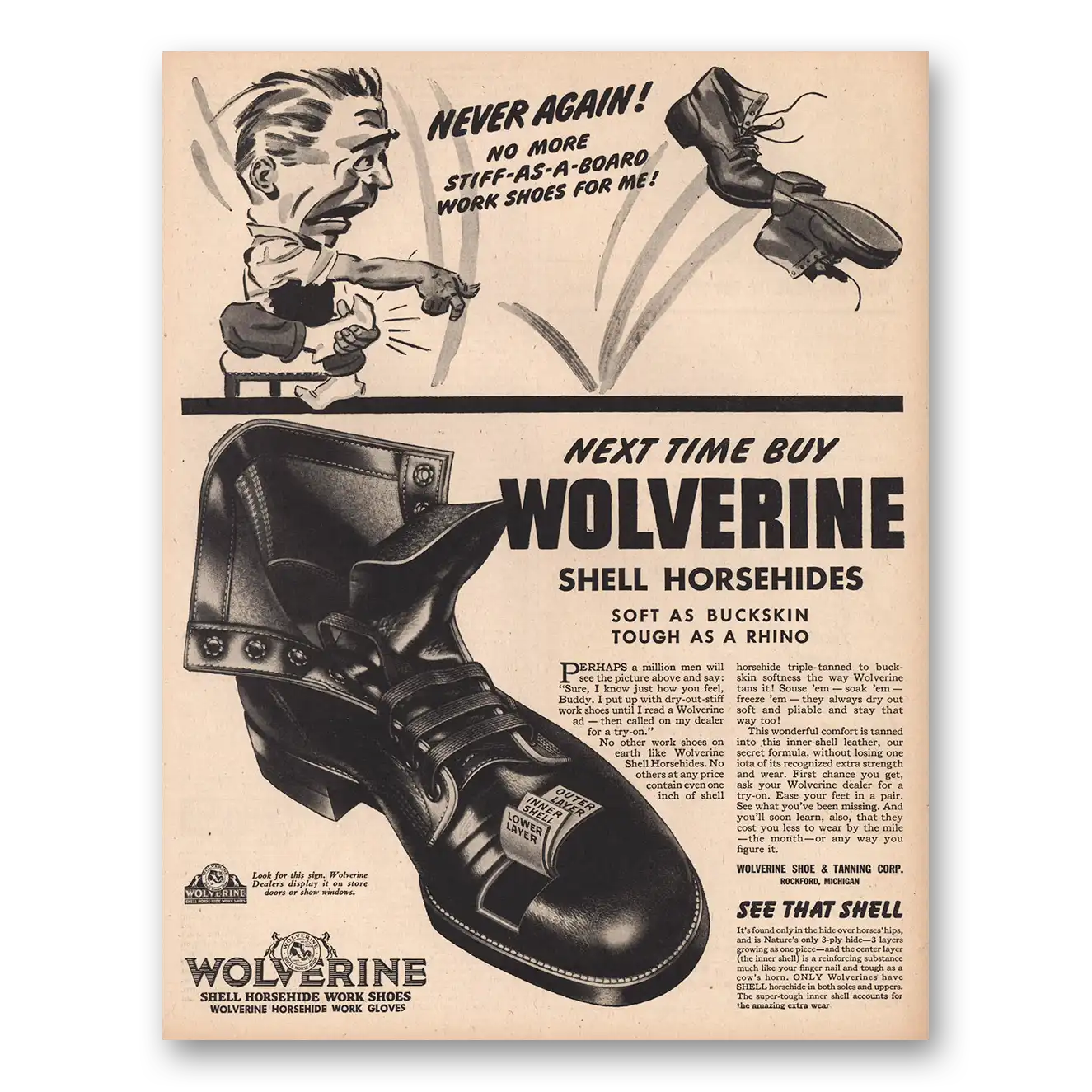 1945 Wolverine Work Shoes No More Stiff As Board Work Shoes Vintage Magazine Print Ad