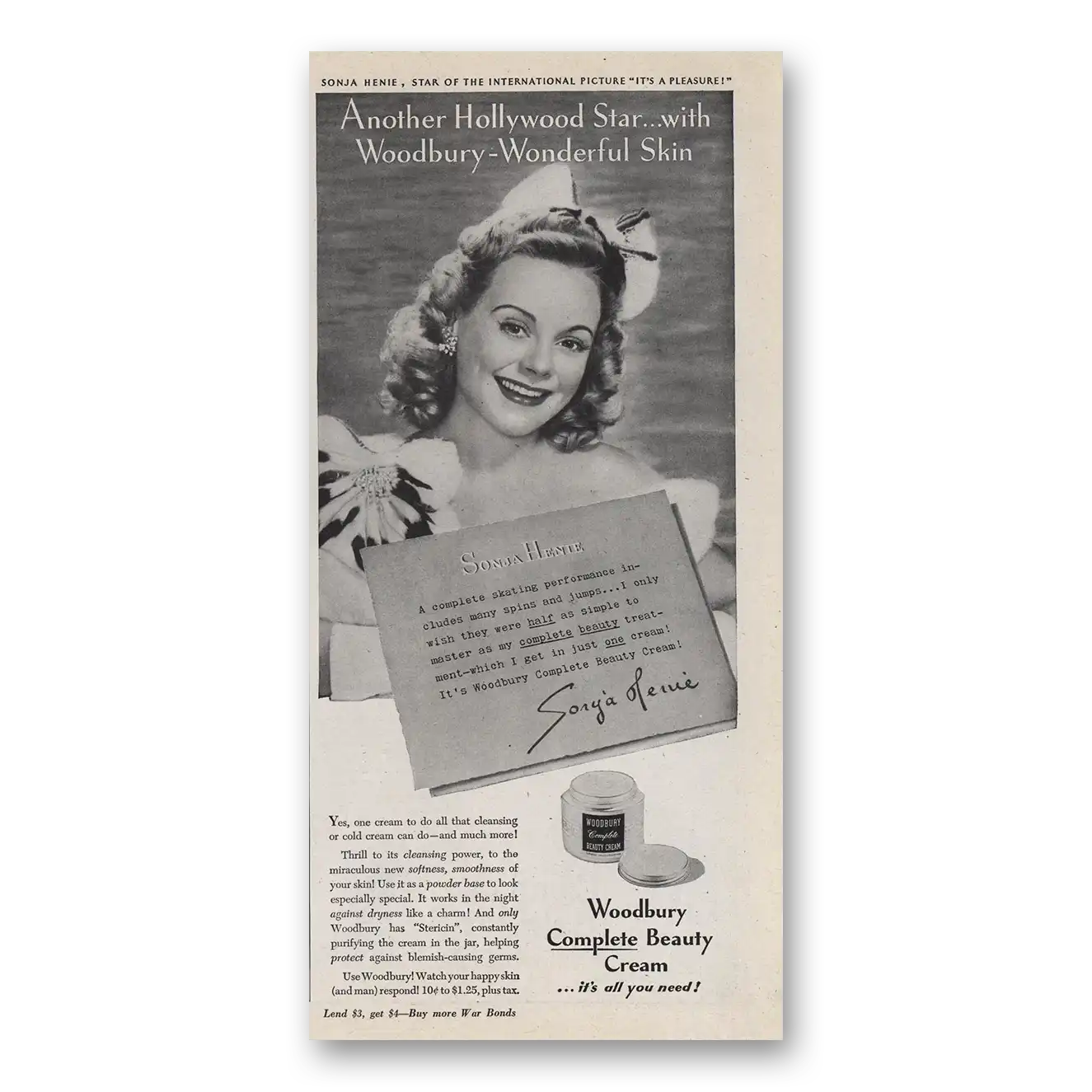 1945 Woodbury Beauty Cream Sonja Henie Vintage Magazine Print Ad