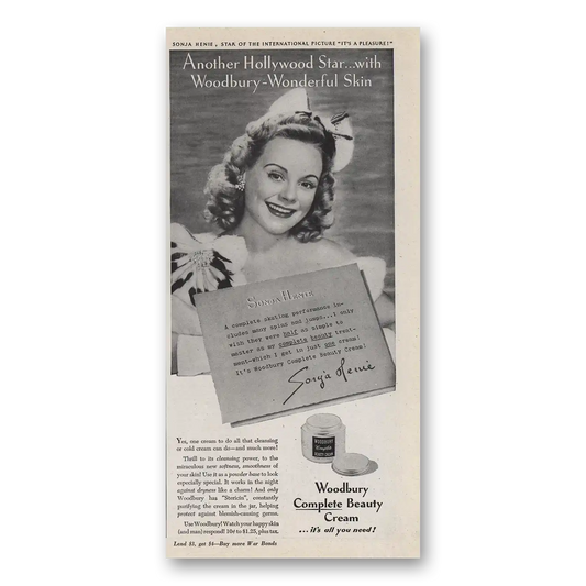 1945 Woodbury Beauty Cream Sonja Henie Vintage Magazine Print Ad