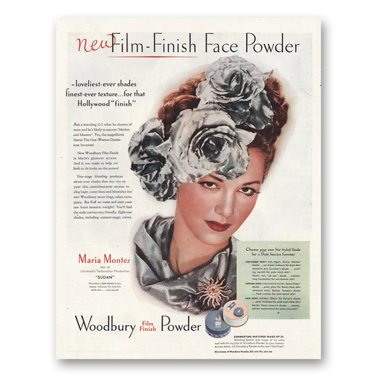 1945 Woodbury Film Finish Face Powder Maria Montez Vintage Magazine Print Ad