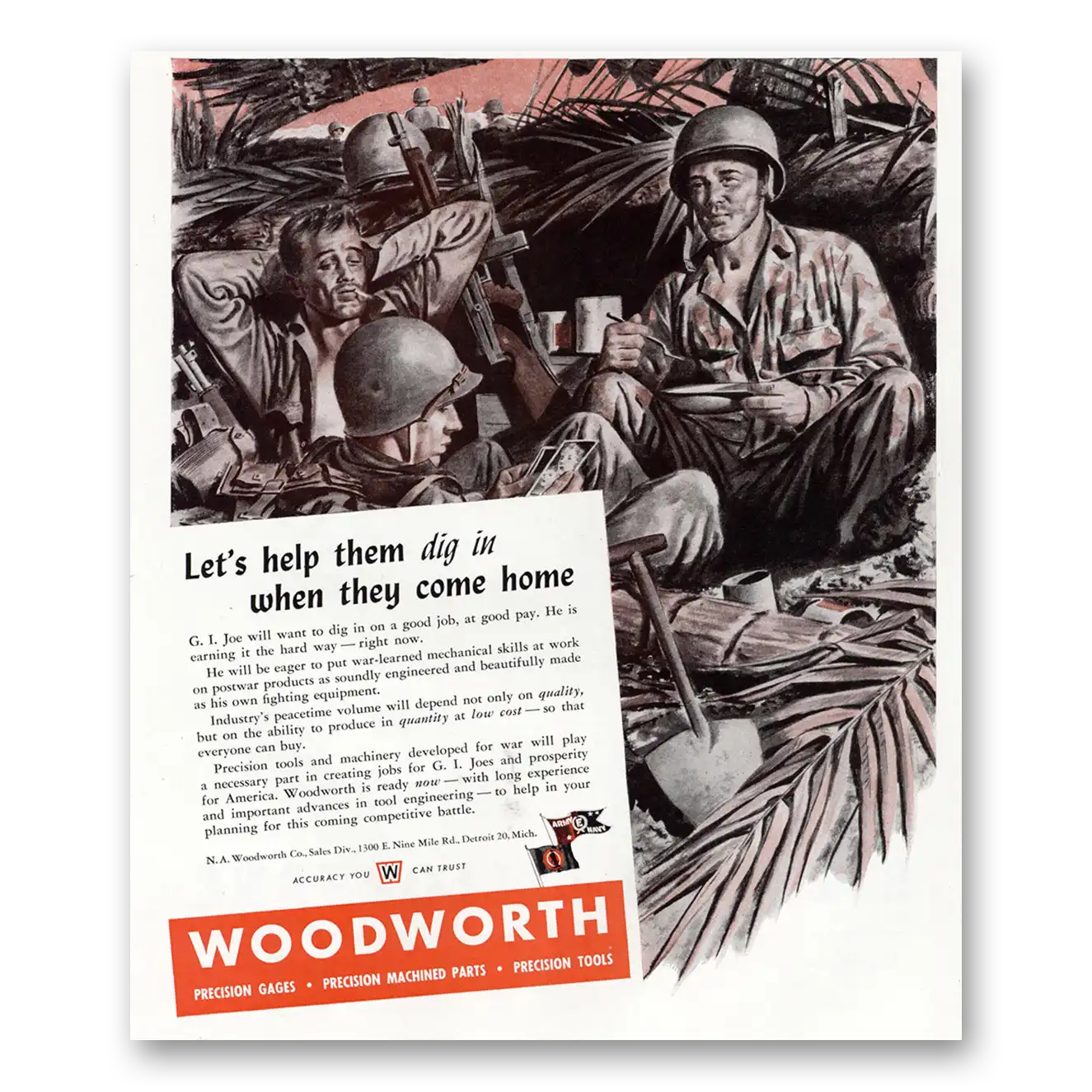 1945 Woodworth Lets Help Them Dig In When They Come Home Vintage Magazine Print Ad