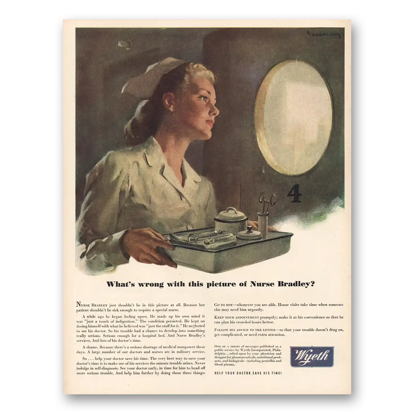 1945 Wyeth Wrong With Picture Nurse Bradley Vintage Magazine Print Ad