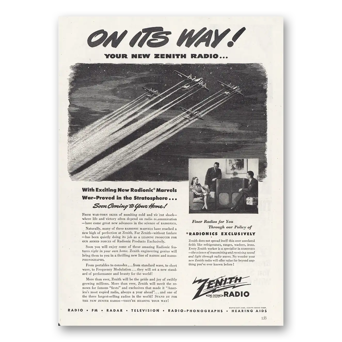 1945 Zenith Radio On Its Way Radionic Marvels Vintage Magazine Print Ad