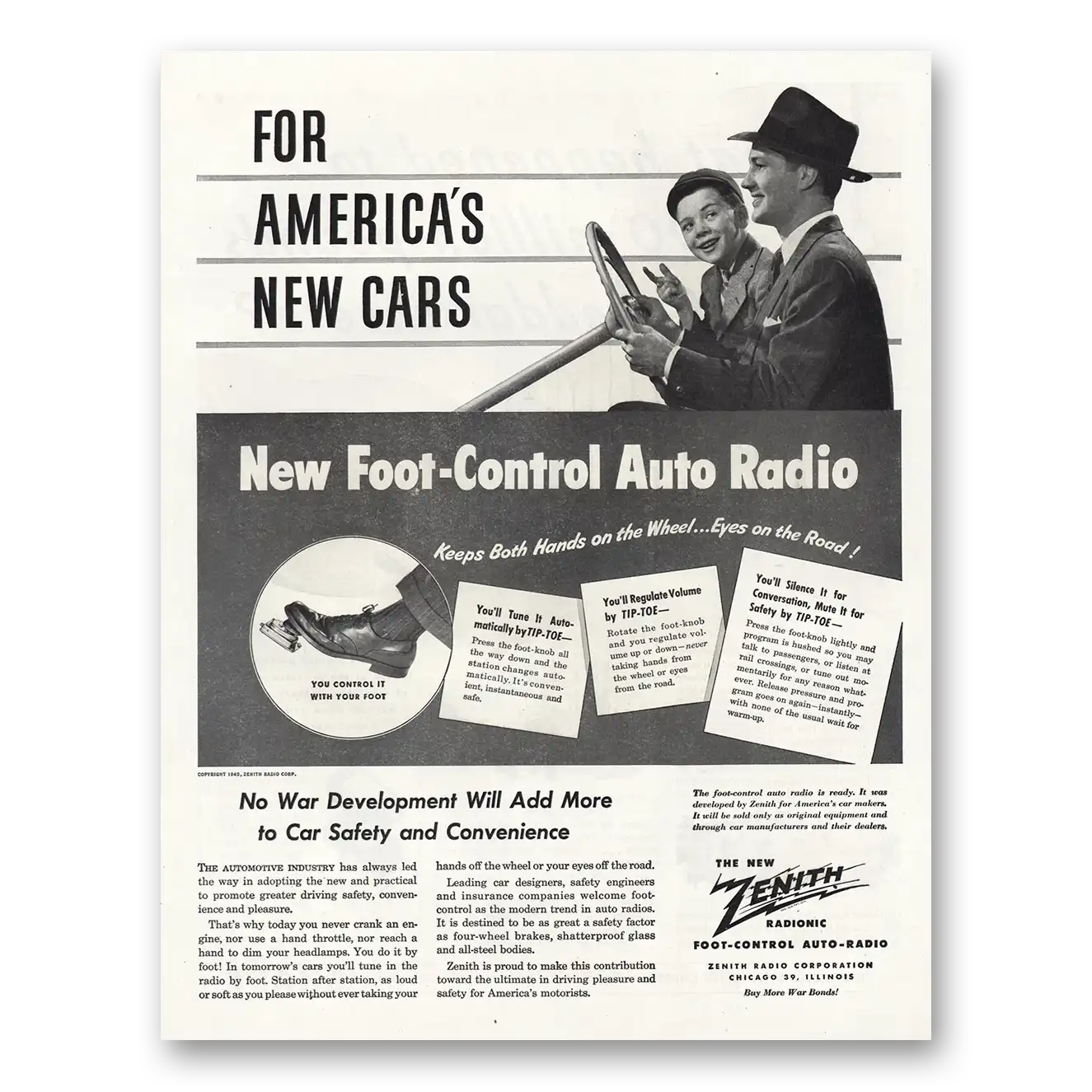 1945 Zenith Radio Foot Control Auto Radio Vintage Magazine Print Ad