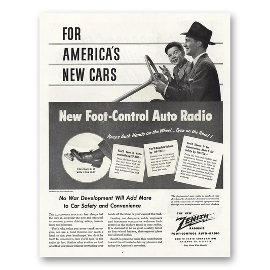 1945 Zenith Radio Foot Control Auto Radio Vintage Magazine Print Ad