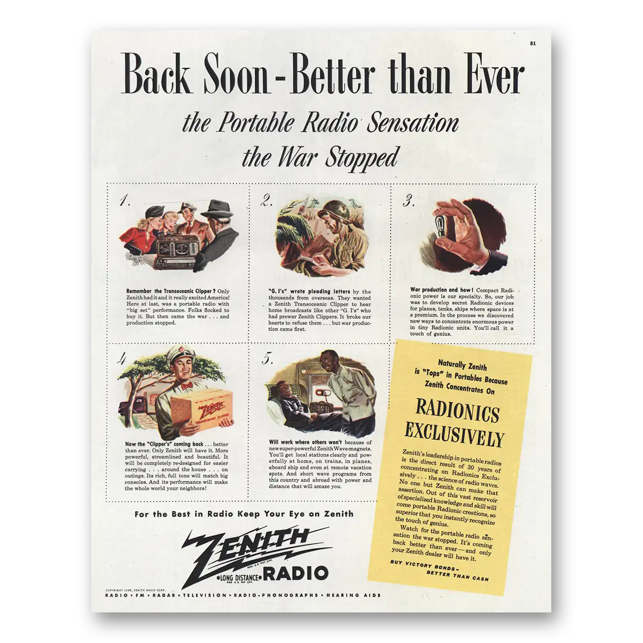 1945 Zenith Radio Back Soon Better Than Ever Vintage Magazine Print Ad